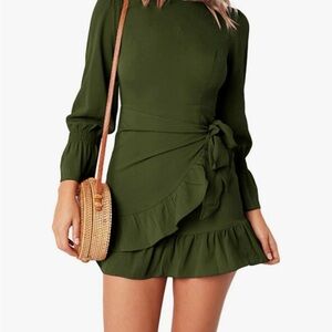 Ruffled Olive Green Long Sleeve Dress
